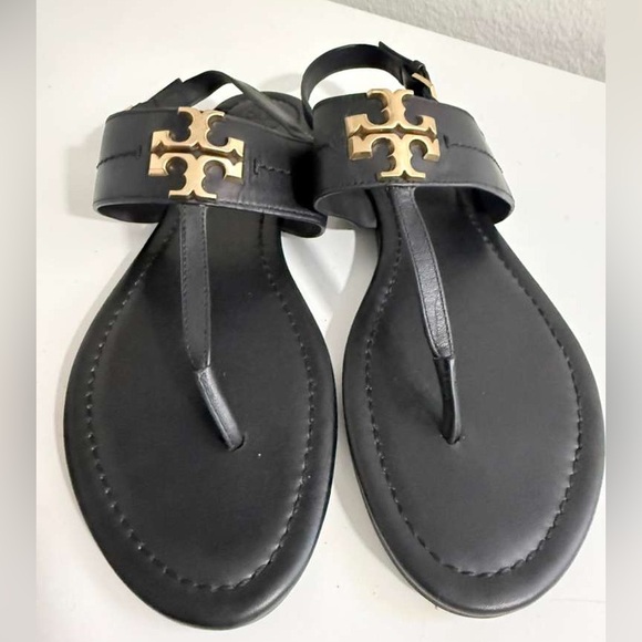Tory Burch Black Leather Sandals with Gold Emblem - Picture 1 of 5